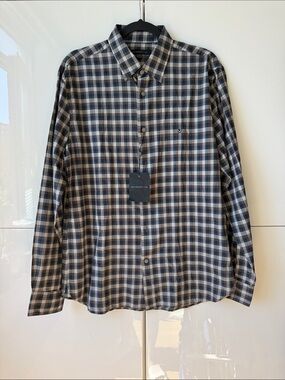 John Varvatos Navy and Gray Plaid Button-Down Shirt